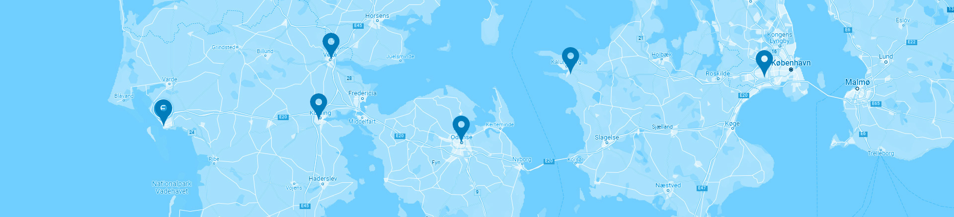 Landkort med Esbjerg, Vejle, Kolding, Odense, Kalundborg og København fremhævet